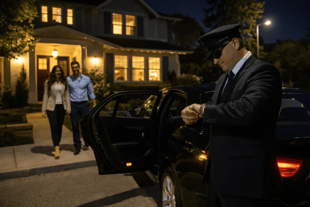 Late night private car pickup outside a home with a professional driver waiting