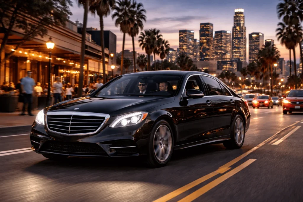 Black car service Los Angeles with chauffeur driving a luxury sedan through a busy city street