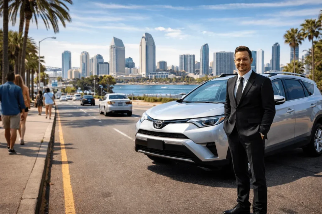Professional chauffeur standing with luxury car on a busy road in San Diego, with city traffic and pedestrians in the background.