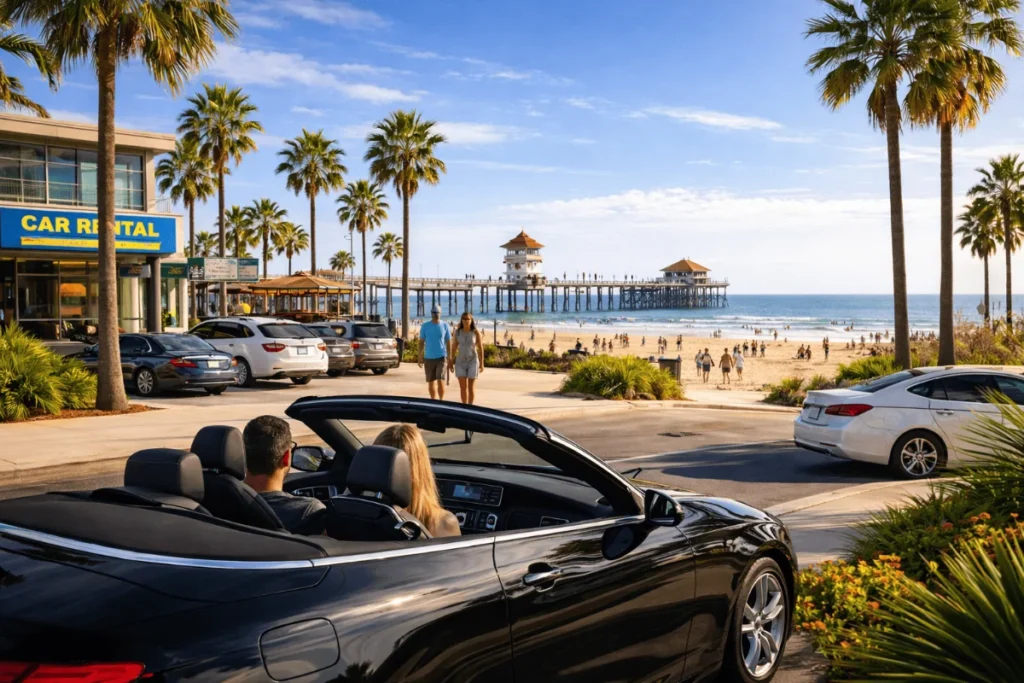 Car rental Huntingtone Beach showing a couple inside a convertible near the beach with palm trees and ocean view
