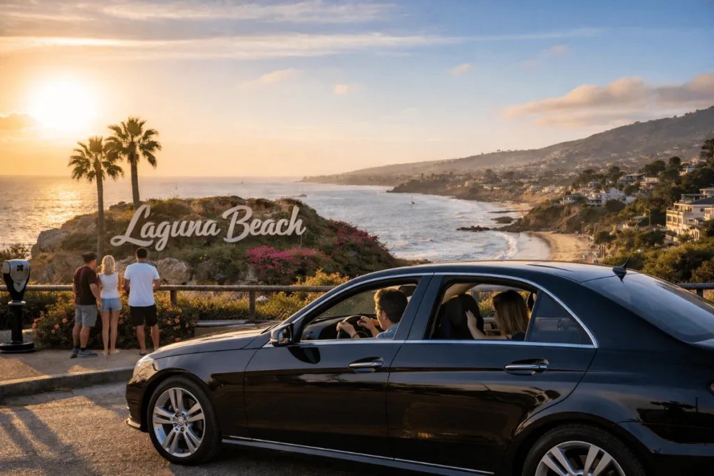 Luxury car in Laguna Beach overlooking the ocean with passengers enjoying a scenic coastal view during sunset