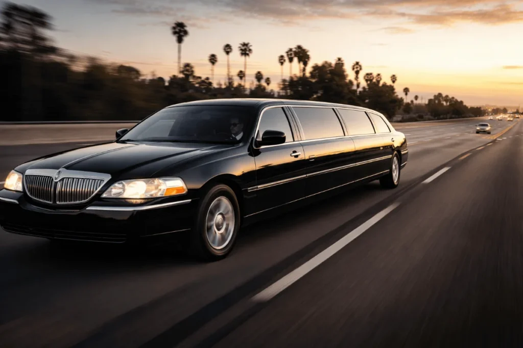 Black limousine driving on a Los Angeles road with a professional chauffeur, showing smooth limo service transportation.