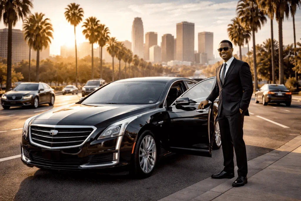 Luxury private car with chauffeur on a Los Angeles city road during golden hour