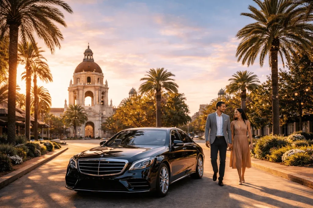 👉 Luxury car on a Pasadena street showing premium Car Rental Pasadena service.