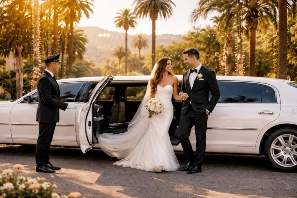 Wedding limousine service Los Angeles with bride and groom arriving in a luxury limo