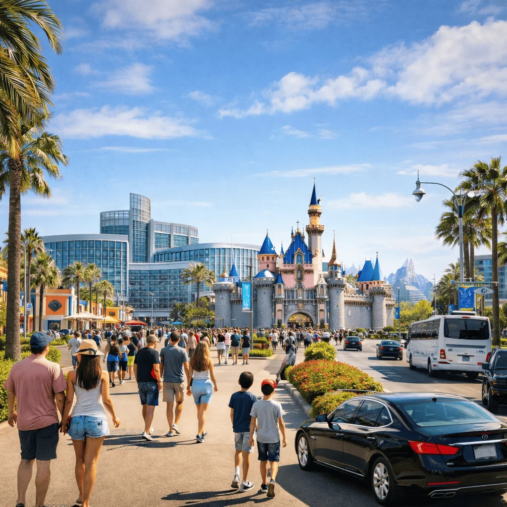 Car rental Anaheim showing a modern car on a busy city street with people walking and palm trees in the background