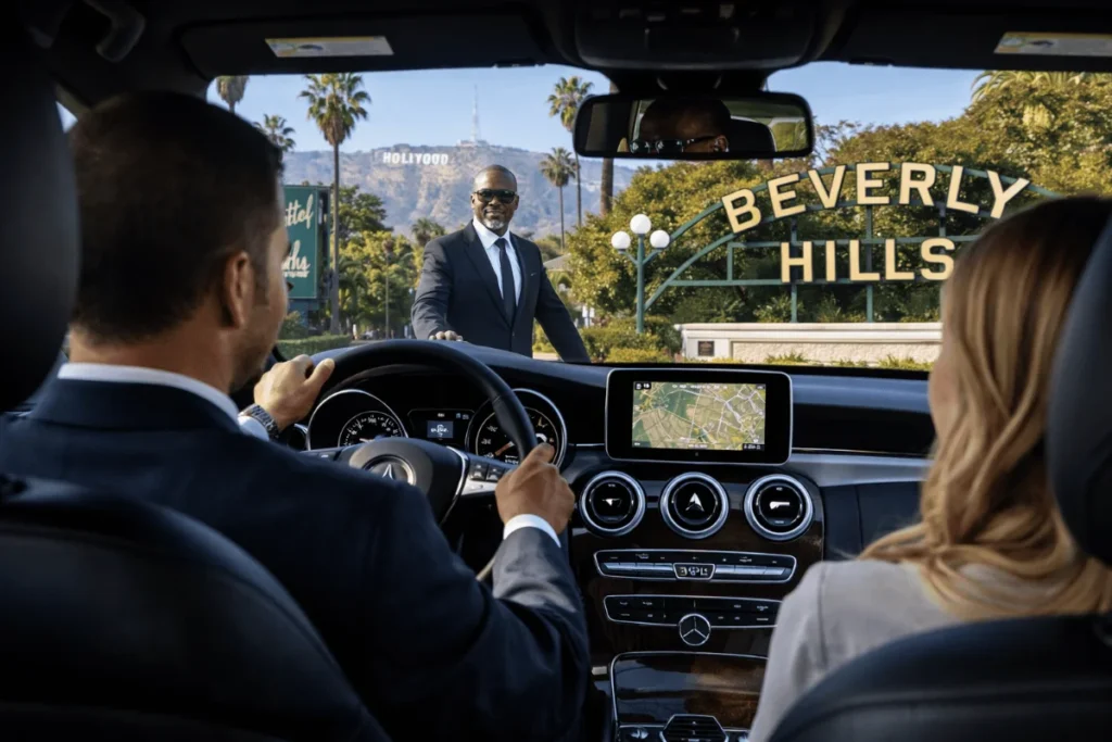 Car Rental Beverly Hills with professional driver and passengers inside luxury car near Beverly Hills landmark