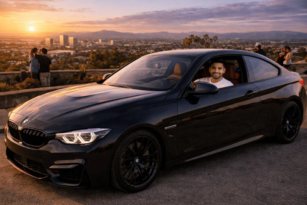 Car rental Irvine with professional driver in luxury black car on city road.