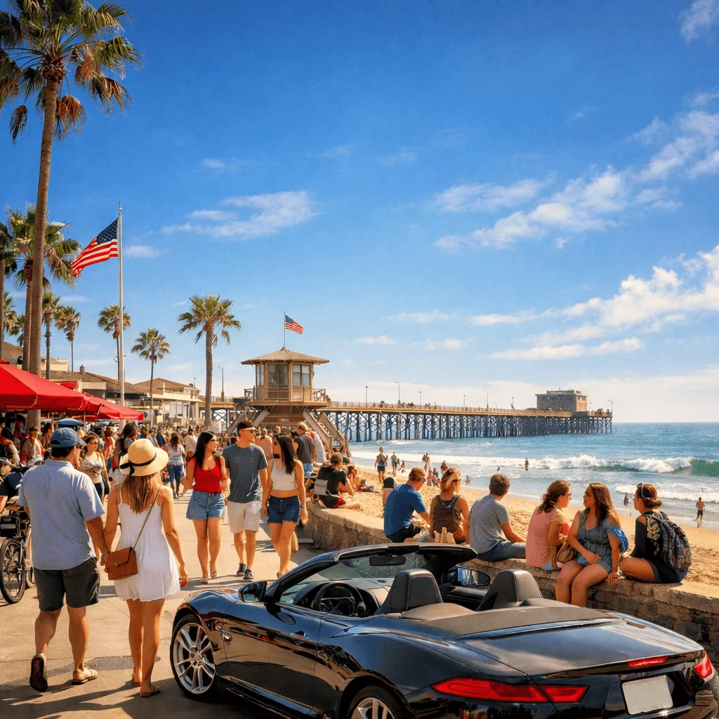 Car rental Newport Beach with luxury car near beach and people enjoying the coastal view