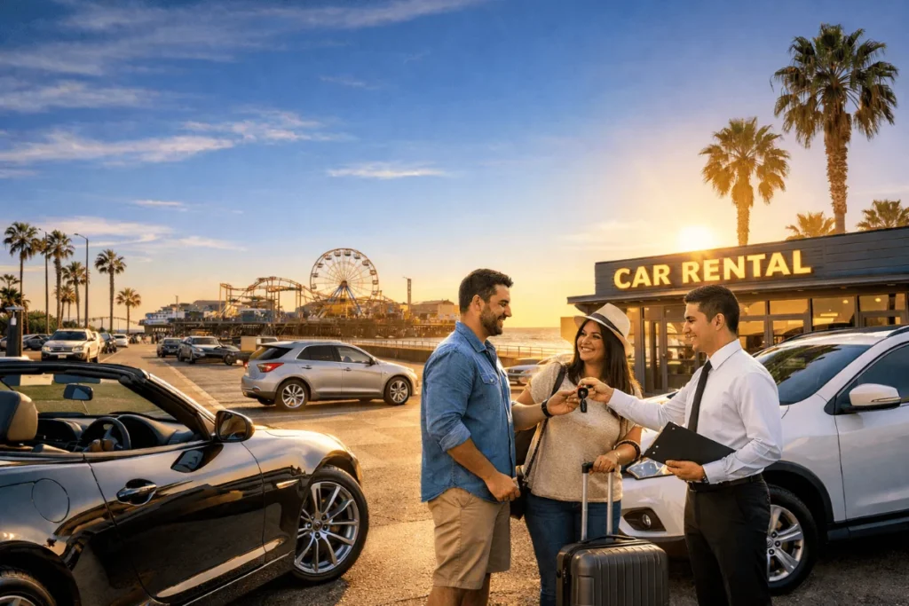 car renta santa moica showing travelers receiving keys near the beach with palm trees and cars