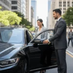 hire a driver for a day with a professional chauffeur assisting a business passenger in the city