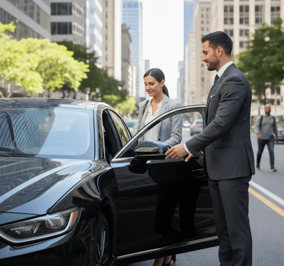 hire a driver for a day with a professional chauffeur assisting a business passenger in the city