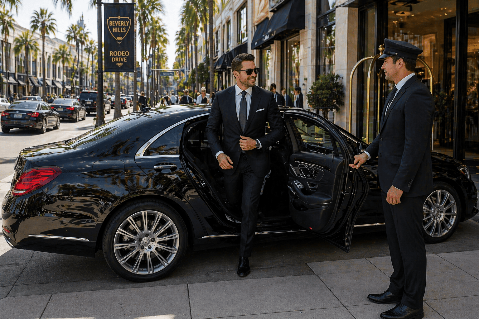 Executive car service in Beverly Hills with chauffeur opening rear passenger door for business client