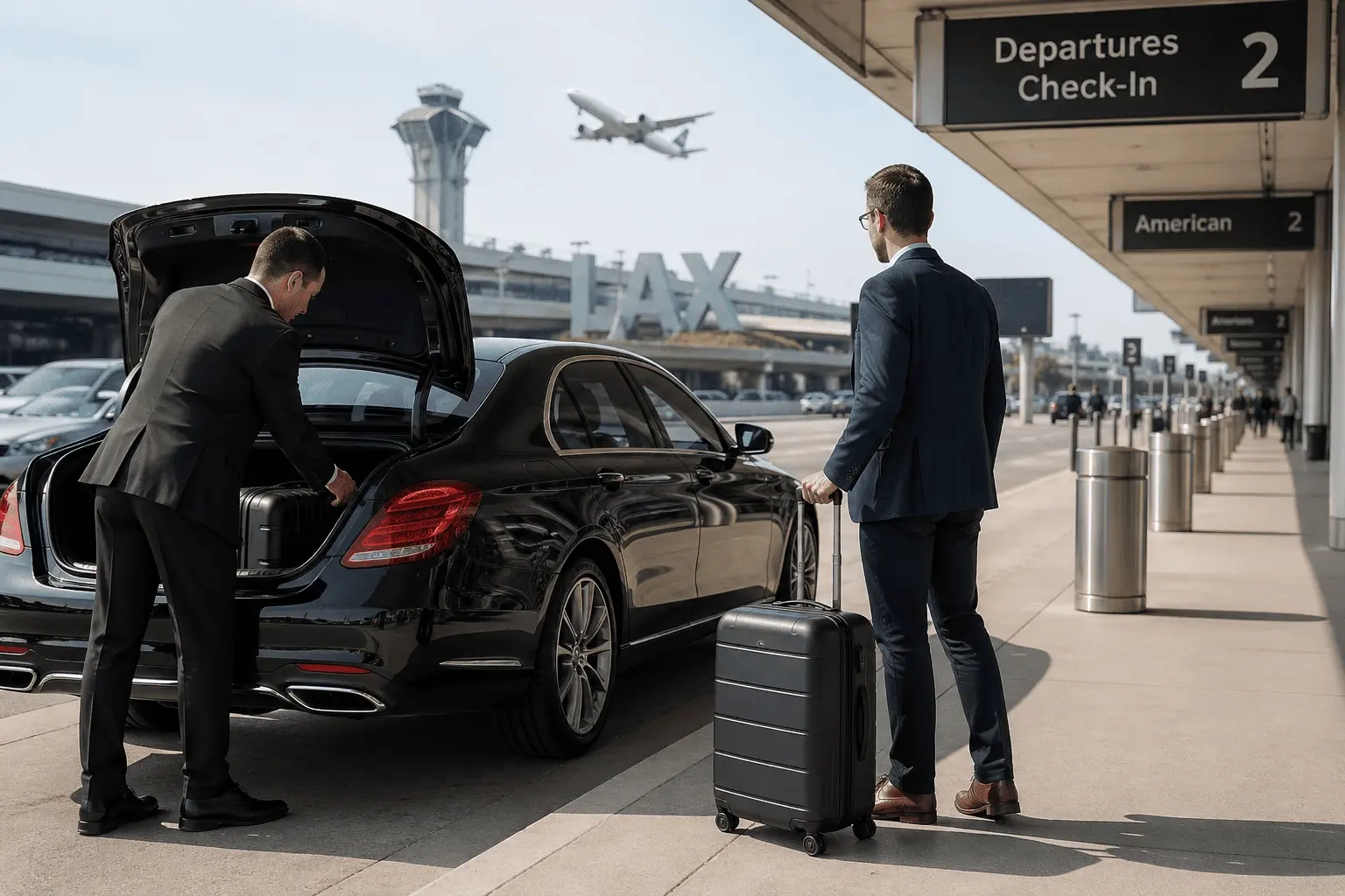 Luxury airport transportation service from Beverly Hills to Los Angeles International Airport with chauffeur loading luggage into executive car