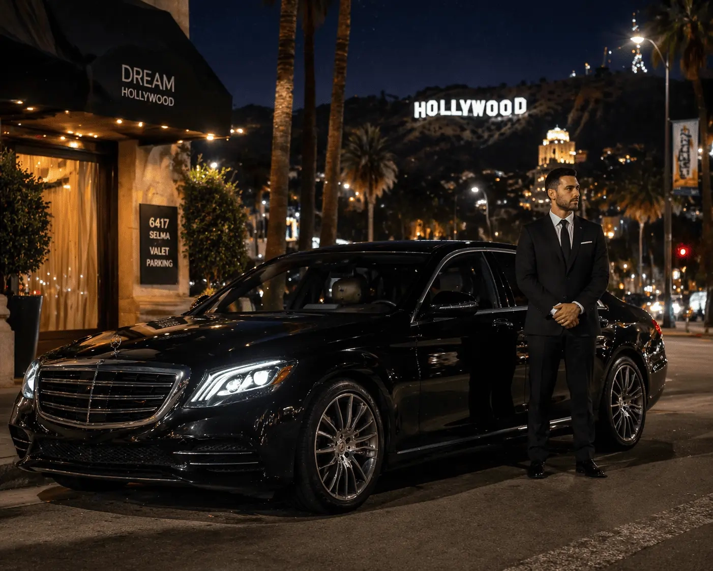 Professional chauffeur standing beside luxury sedan for black car service Hollywood at night with city lights