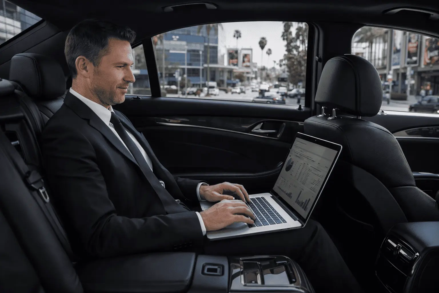 Business executive working inside luxury sedan for Corporate Transportation West Hollywood during corporate travel