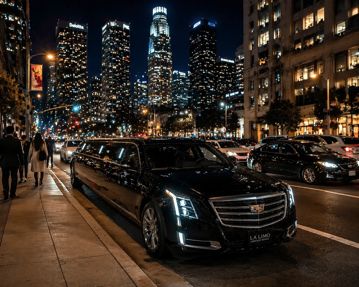 Luxury stretch limo service in Downtown Los Angeles with black limousine, city skyline, traffic and pedestrians at night
