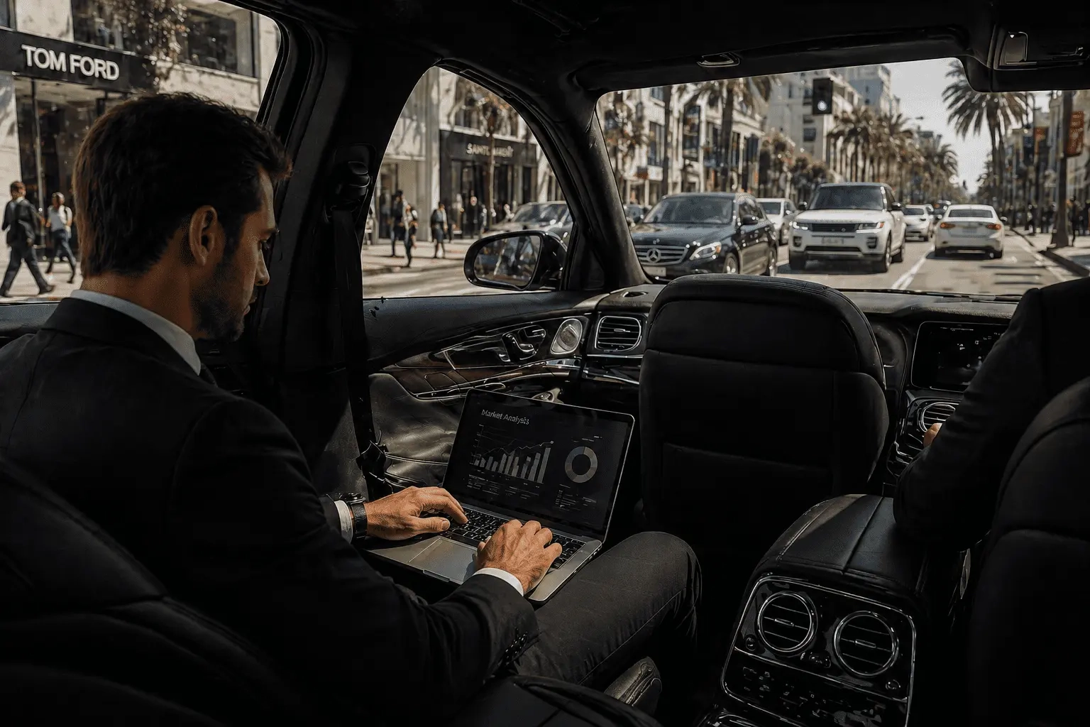 Corporate transportation in Beverly Hills with executive passenger working on laptop inside luxury car while driving through busy city streets