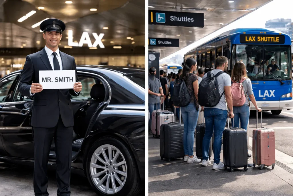 LAX airport transportation comparison showing limo pickup and crowded shuttle waiting area