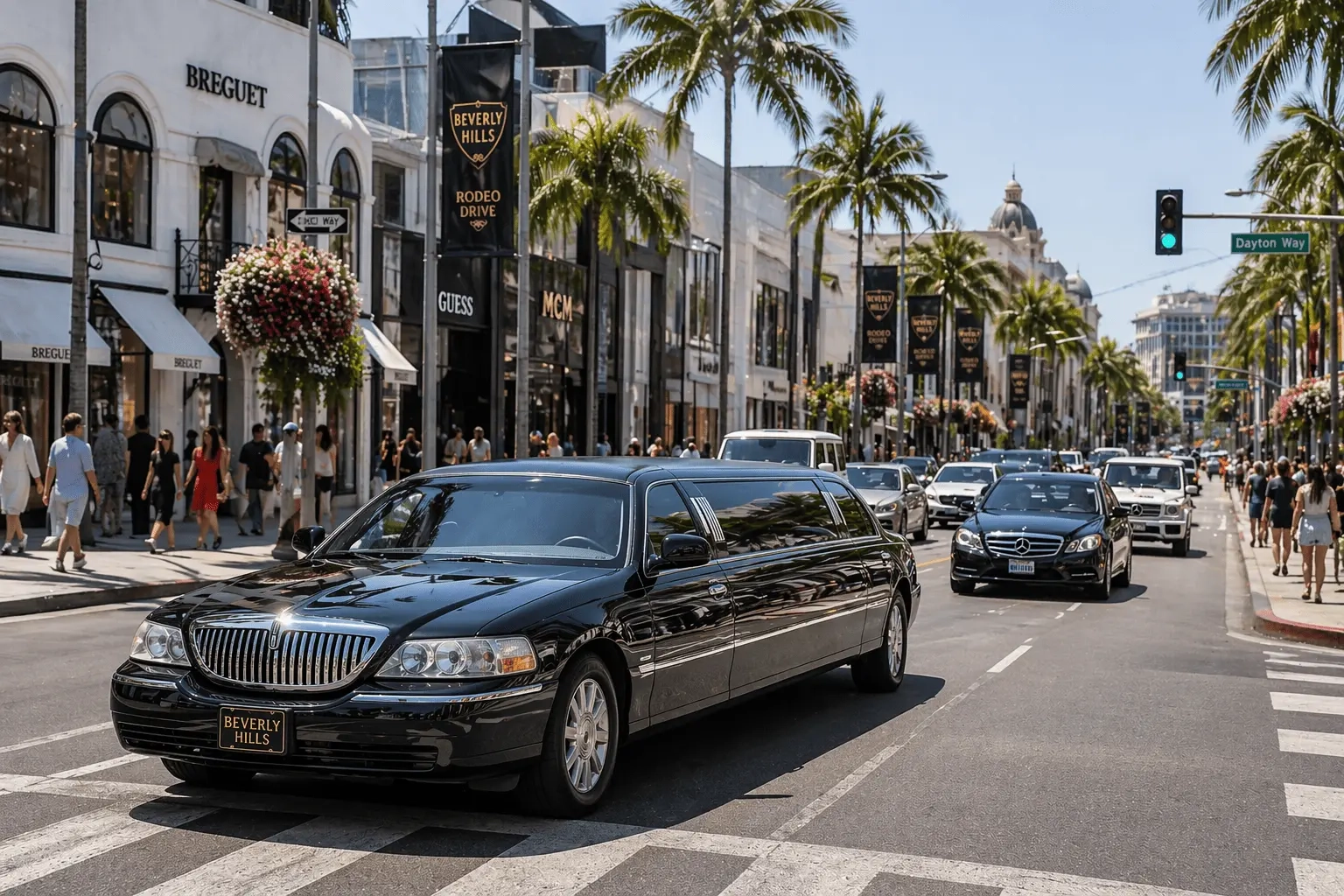 Luxury limousine driving through Beverly Hills street with traffic and pedestrians near Rodeo Drive