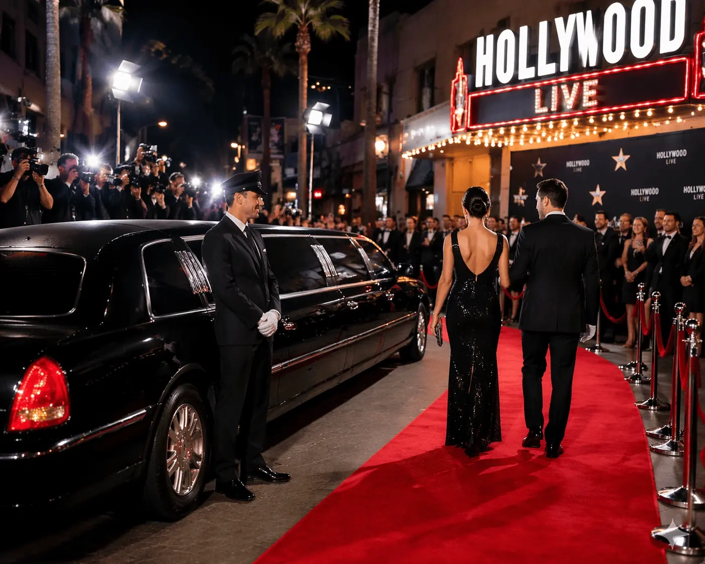 Luxury limo service Hollywood red carpet arrival with chauffeur and VIP clients at night event