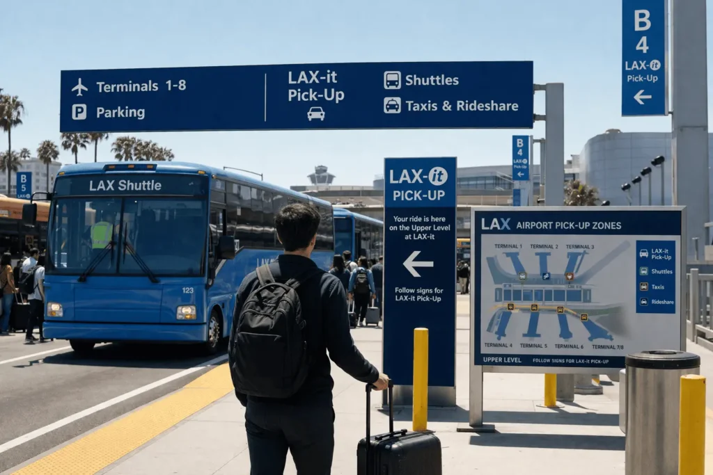 Los Angeles airport transfer to hotel pickup zones at LAX with shuttle buses and traveler navigation