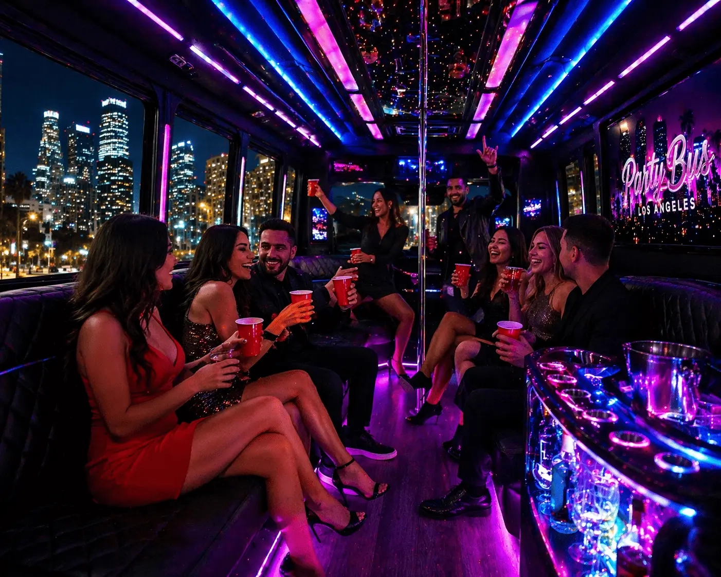 Party Bus Service Downtown Los Angeles with group enjoying neon lights and luxury interior at night