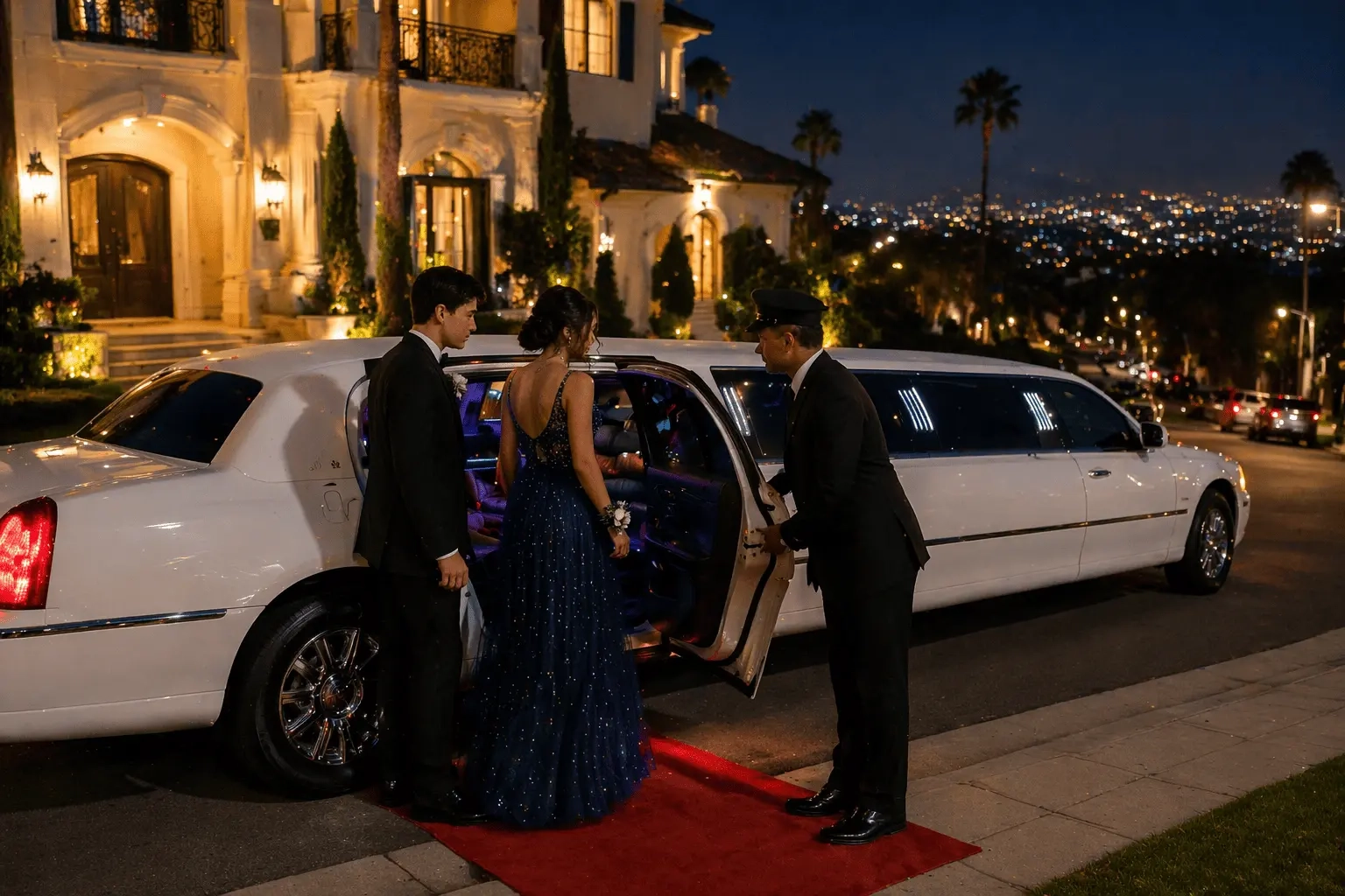 Elegant prom couple entering luxury limousine for prom limo service Hollywood at night