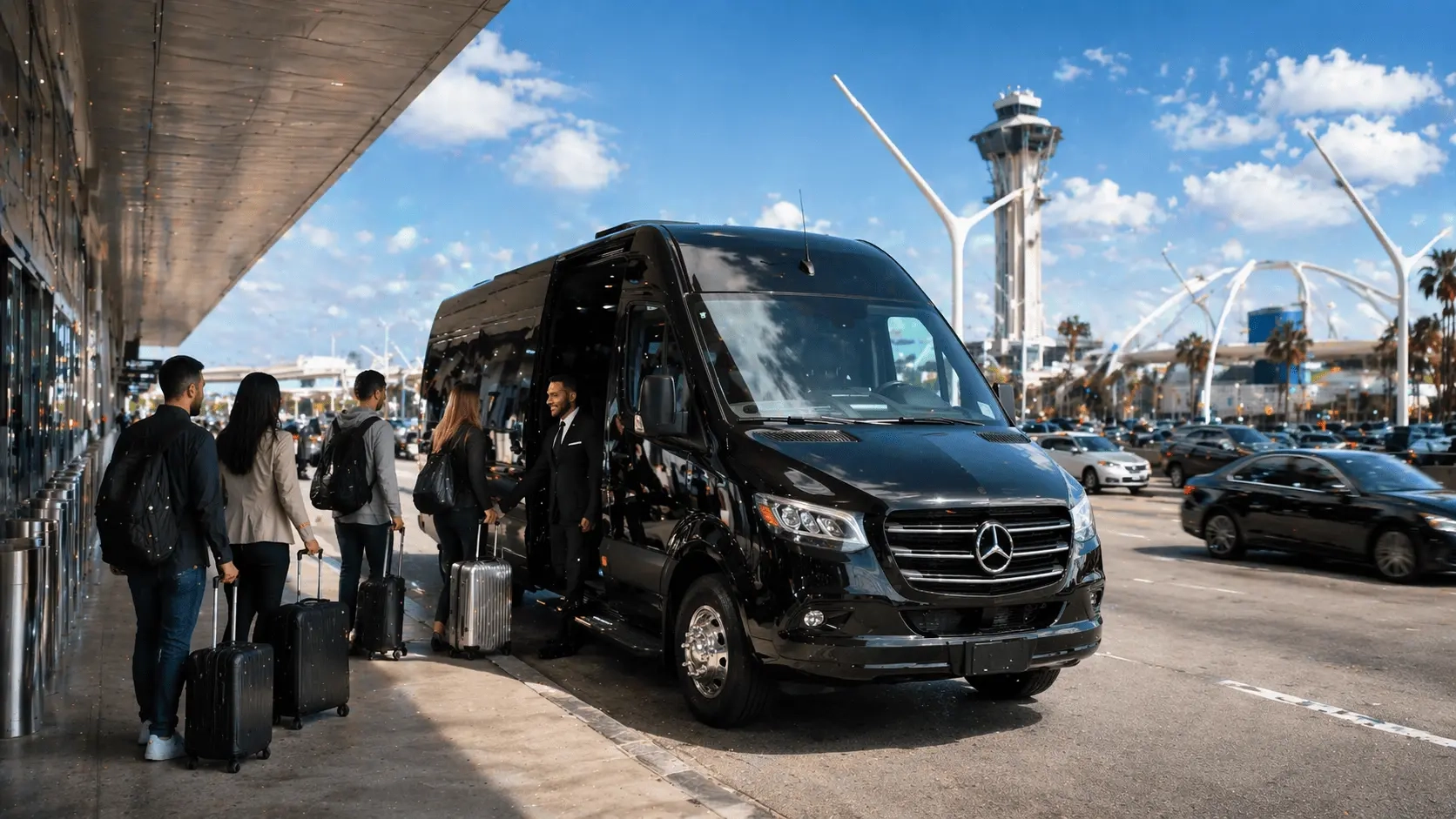 Luxury group airport transfer with sprinter van services Hollywood showing passengers boarding with luggage