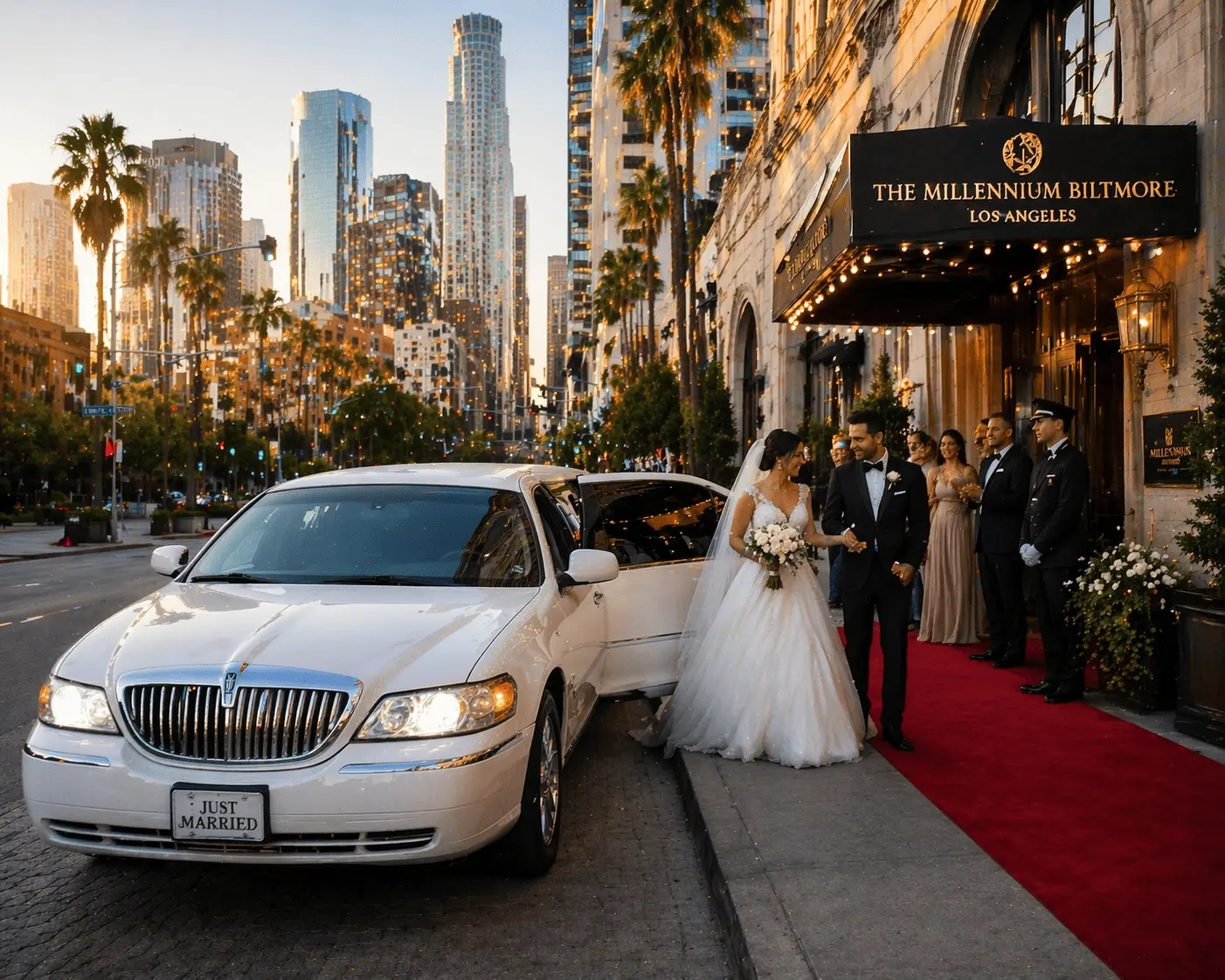 Wedding Limo Service Downtown Los Angeles with bride and groom arriving at venue in luxury white limousine