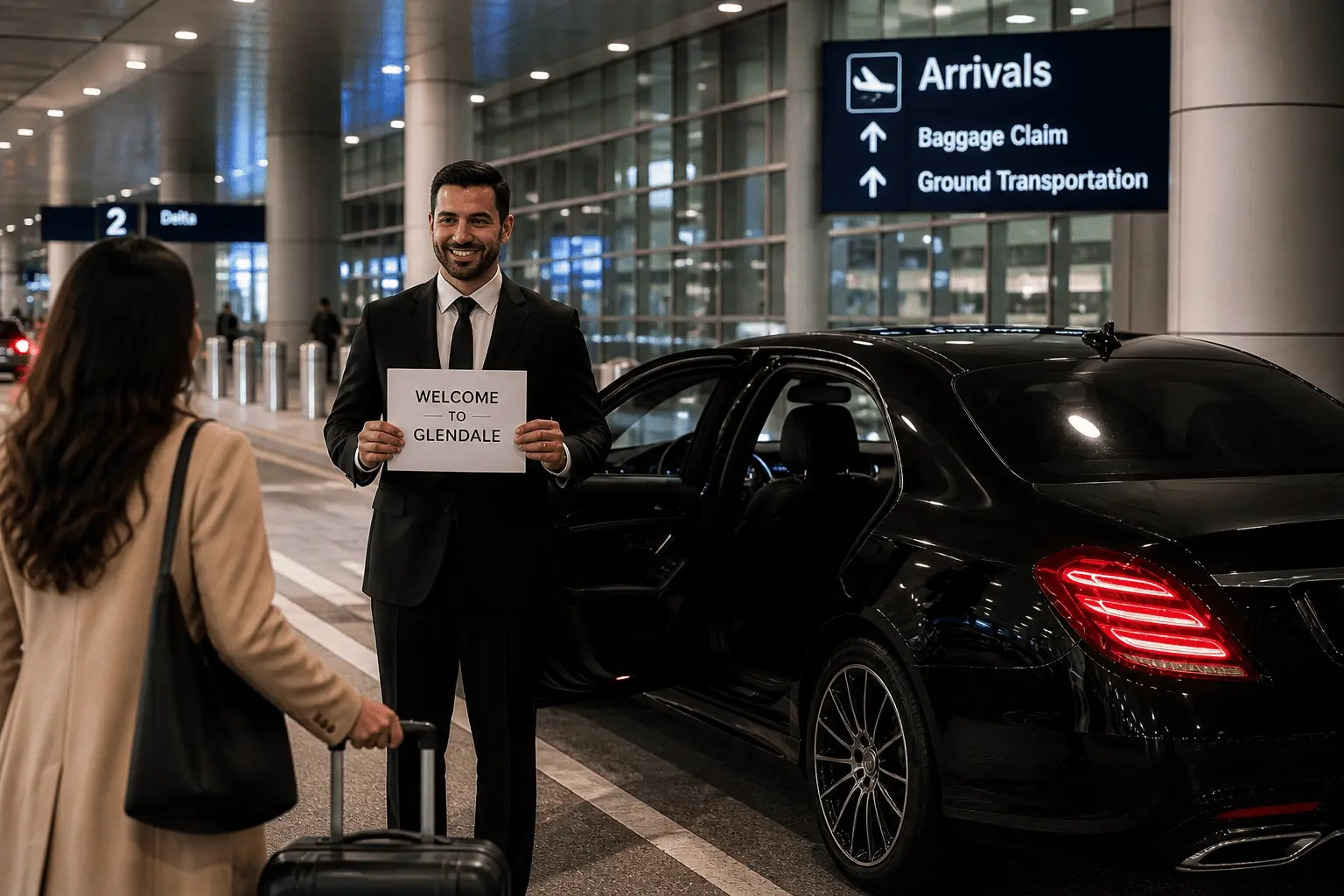 Airport transportation Glendale with professional chauffeur holding welcome sign and assisting passenger during luxury airport pickup service