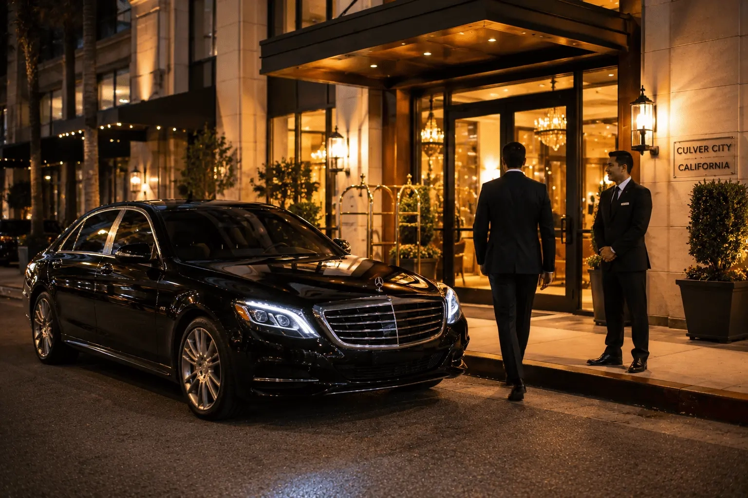 Premium Black Car Service Culver City with a luxury sedan parked outside a high-end hotel, offering comfortable private transportation for executive and VIP travelers.