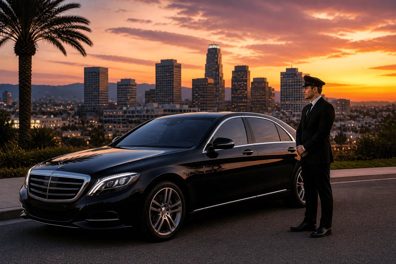Black car service Glendale with luxury sedan and professional chauffeur standing beside the vehicle during a premium city sunset pickup