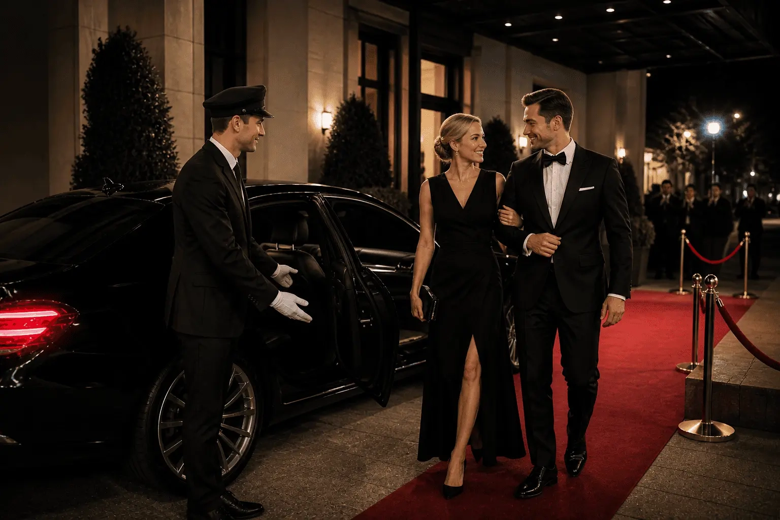 Black car service Koreatown with luxury sedan chauffeur assisting a couple arriving at a VIP event on a red carpet