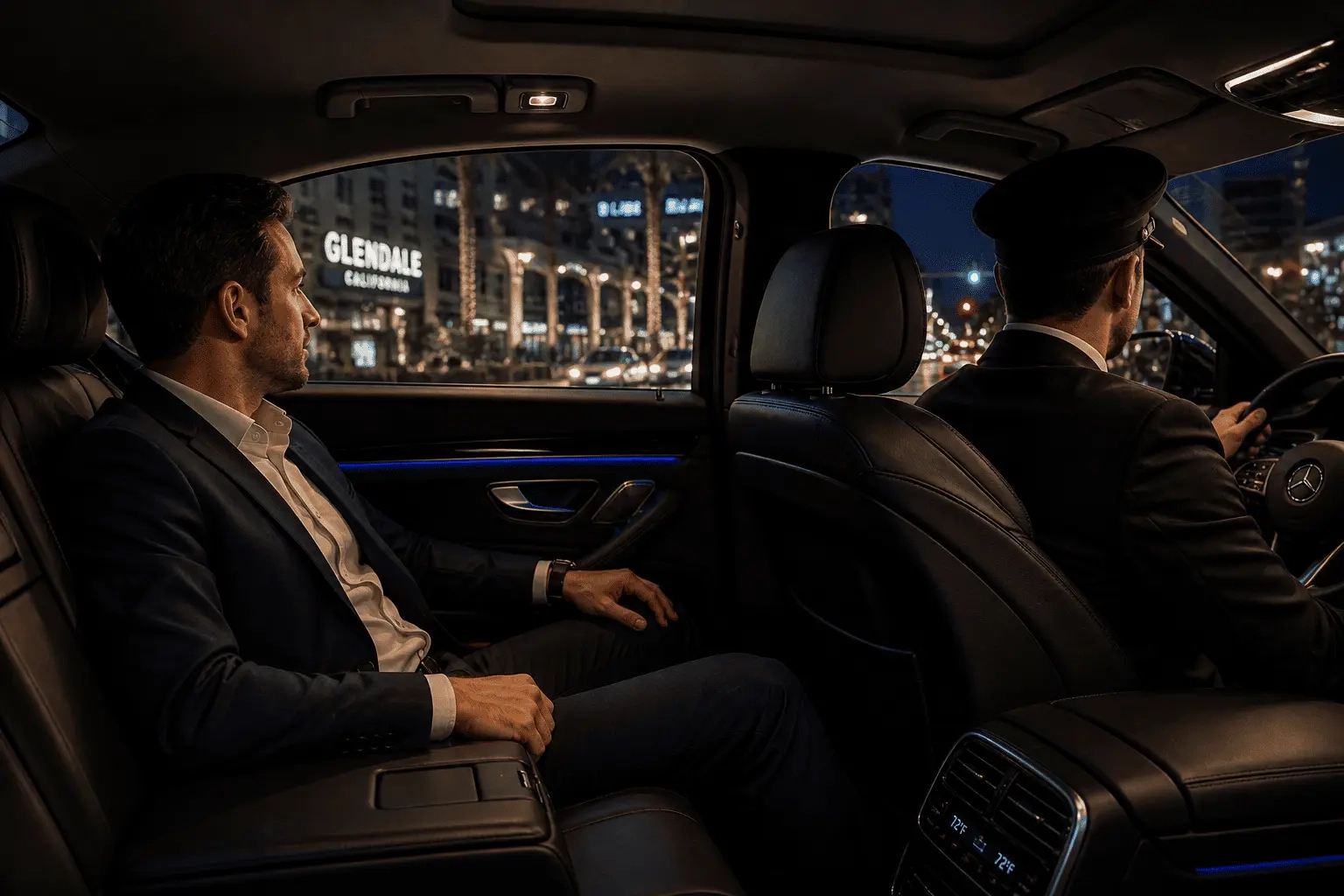 Luxury car service Glendale interior showing a passenger relaxing during a smooth and comfortable city ride with professional chauffeur