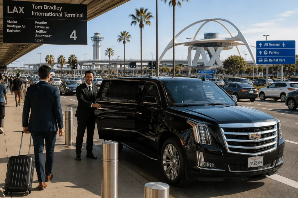 Professional luxury car service to LAX airport pickup with traveler and black SUV