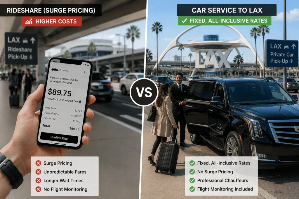 Traveler comparing rideshare pricing vs car service to LAX cost with luxury SUV pickup