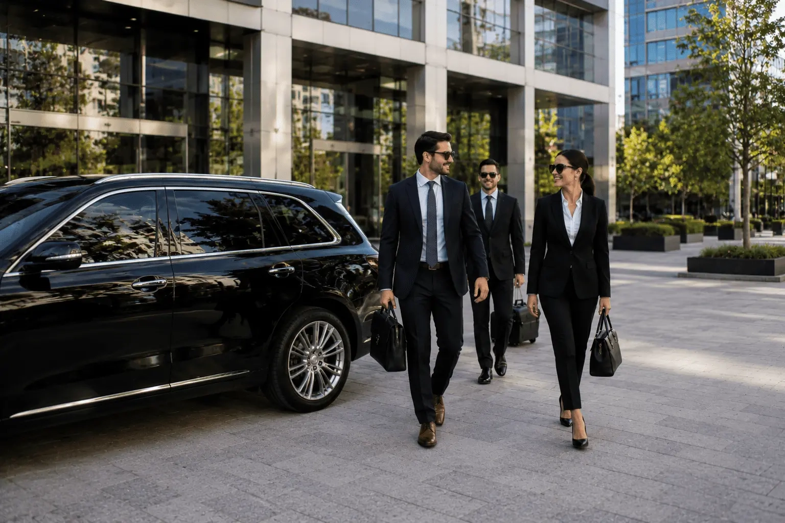 Business professionals arriving near a modern office building, showcasing Corporate Transportation Culver City with a luxury executive vehicle.