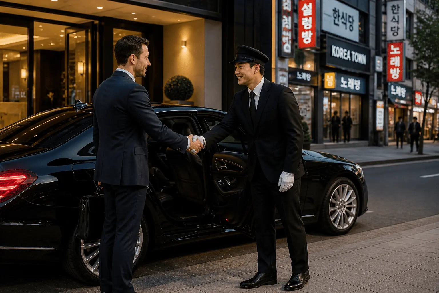 Corporate transportation Korea Town with professional chauffeur providing executive service for business clients