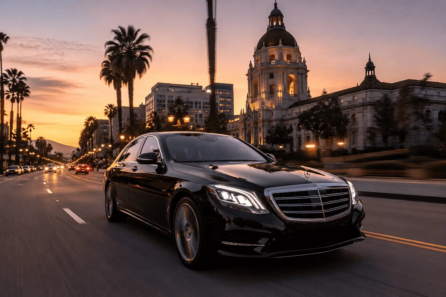 Luxury executive car service in Pasadena featuring a premium black sedan driving at sunset for professional and corporate transportation.