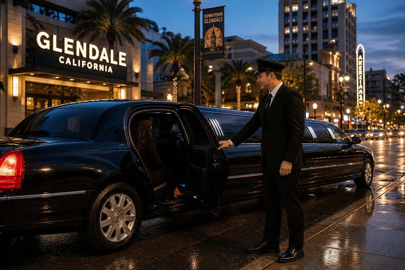 Limo service Glendale with professional chauffeur opening the door of a luxury limousine for a premium city pickup experience