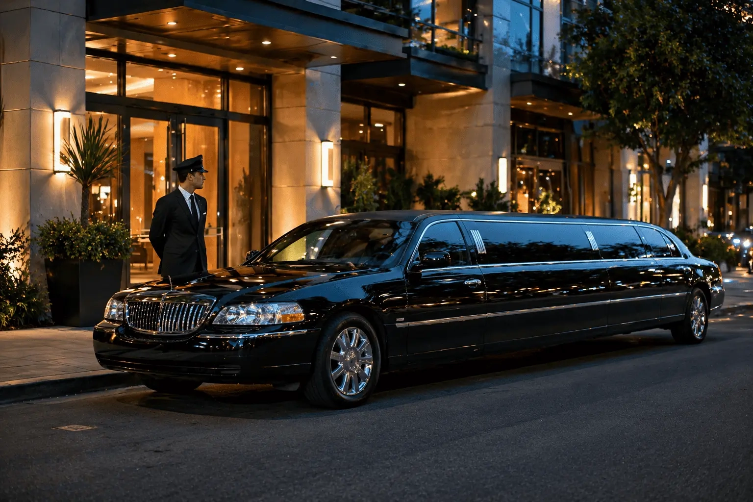 Professional limo service in Culver City featuring a luxury stretch limousine parked outside an upscale building with a chauffeur providing premium transportation experience.