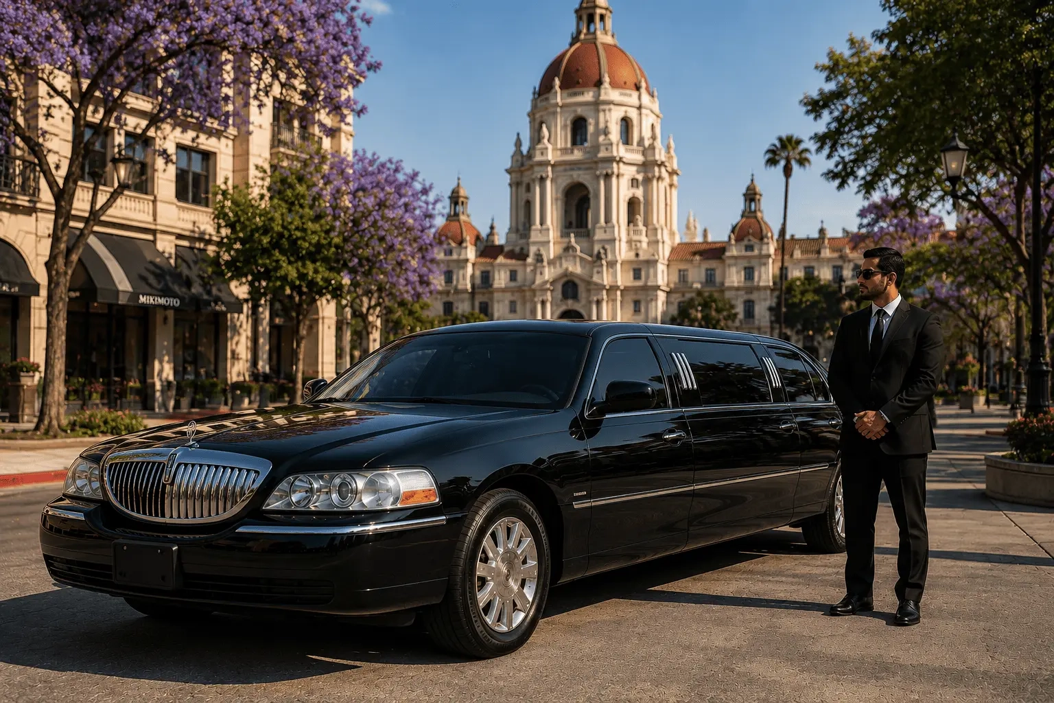 Luxury limo service in Pasadena with professional chauffeur standing beside a black limousine in an upscale Pasadena location.
