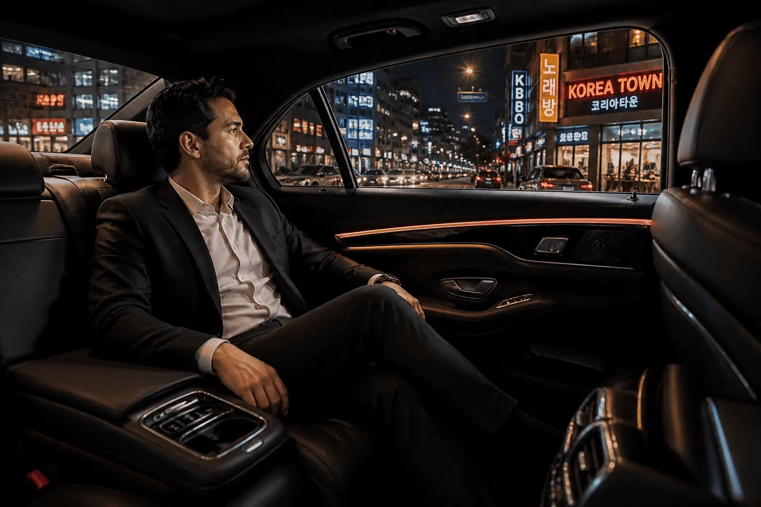 Private car service in Koreatown with passenger enjoying a comfortable luxury city ride at night inside a premium sedan
