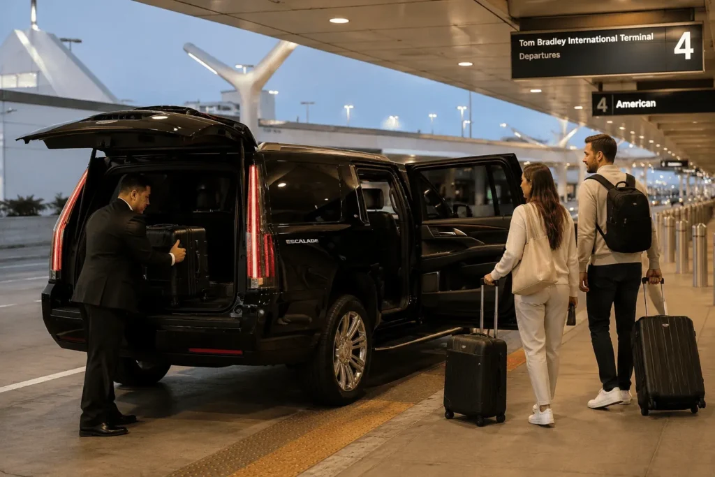 Professional chauffeur loading luggage into a luxury SUV at LAX terminal curbside for private car service pickup