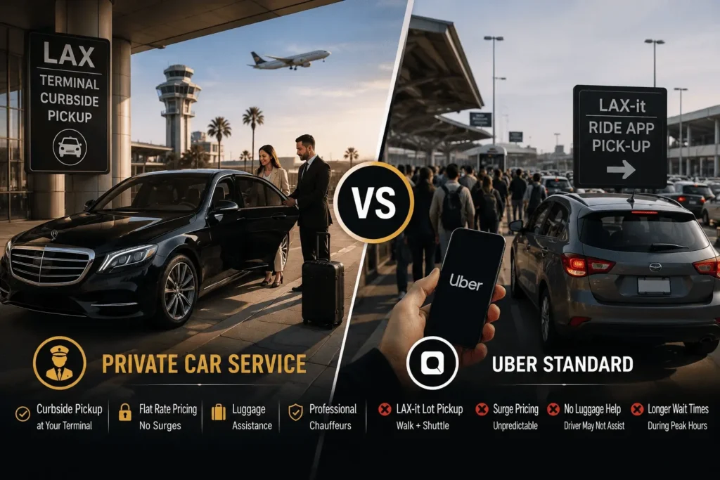 Private car service vs Uber at LAX comparison showing luxury curbside airport pickup and Uber LAX-it ride app pickup area.