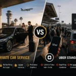Private car service vs Uber at LAX comparison showing luxury curbside airport pickup and Uber LAX-it ride app pickup area.