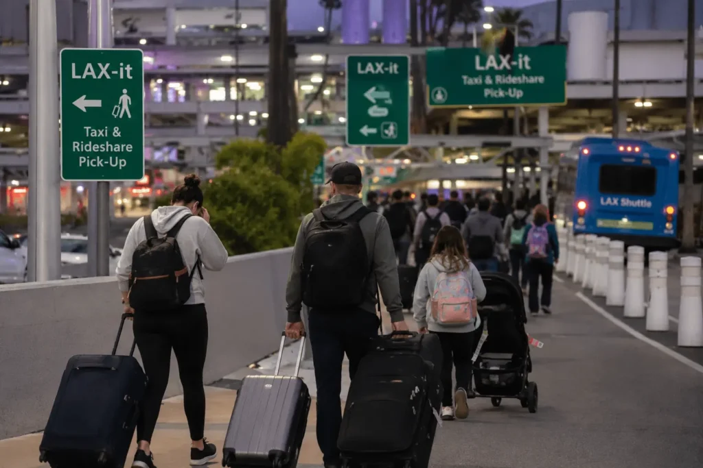 Family walking with luggage to the LAX-it pickup area at LAX Airport, showing the Uber pickup experience compared to private car service at LAX