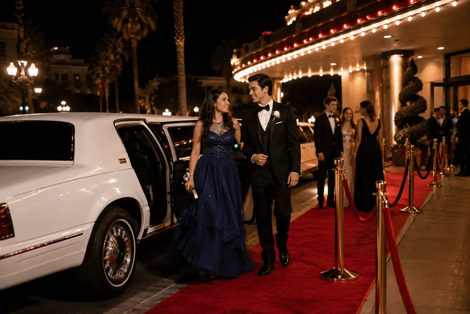 Students dressed in formal prom attire arriving at a Pasadena venue in a luxury stretch limousine for a memorable prom night experience.