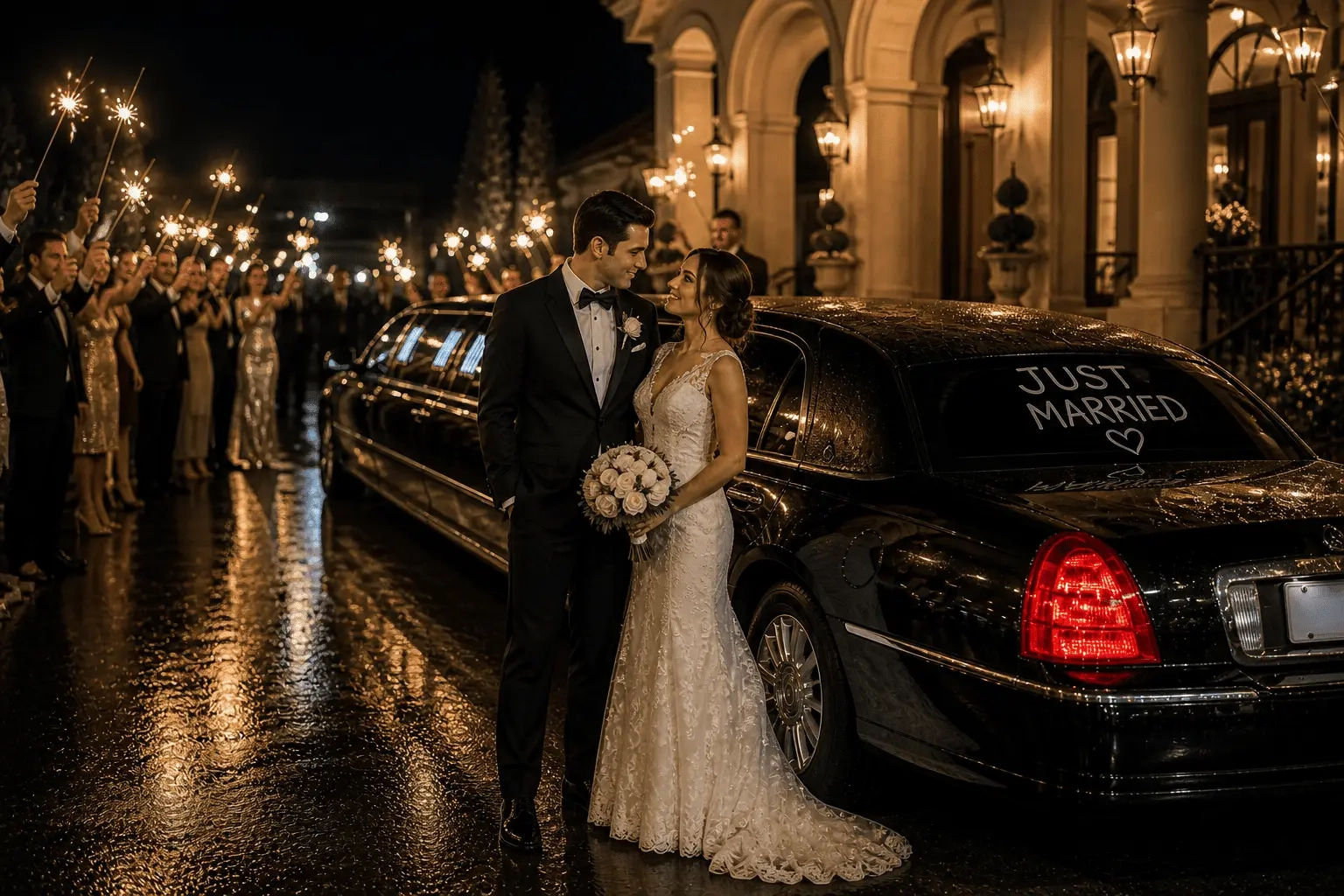 Luxury wedding limo service Glendale featuring newlywed couple beside limousine during elegant night wedding exit celebration